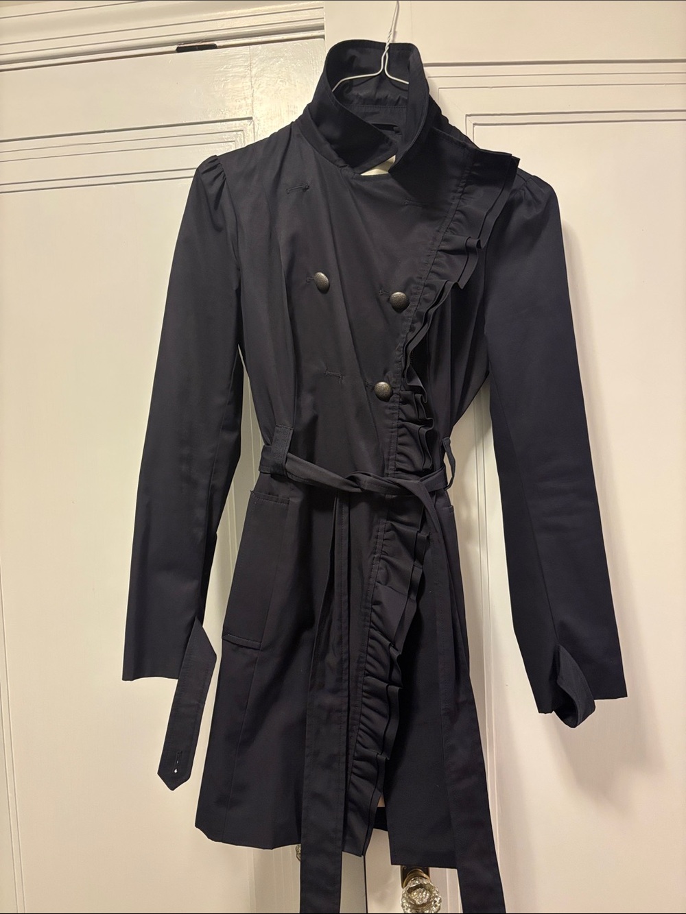 Anthropologie Navy Ruffle-Trim Double-Breasted Trench Coat